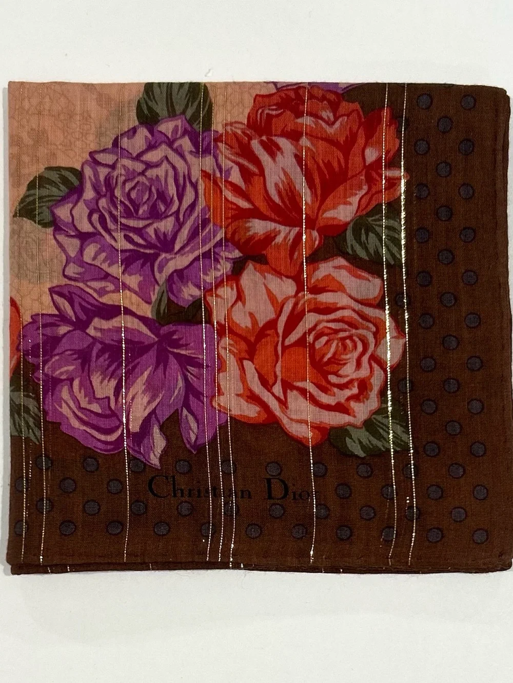 Women Handkerchief Christian Dior Brown Floral Rose Bandana Scarf Cotton 21“